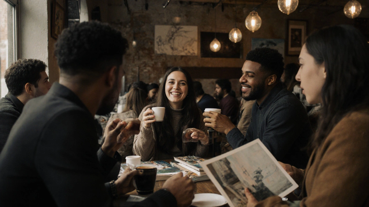 People of various backgrounds share quiet, meaningful moments over coffee in a London café.