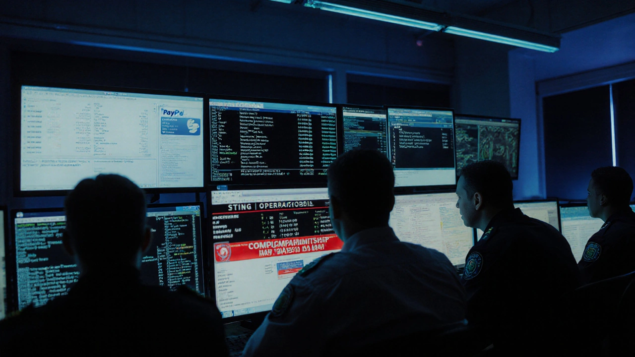 Police officers monitor digital traces of online sex work attempts on multiple computer screens.