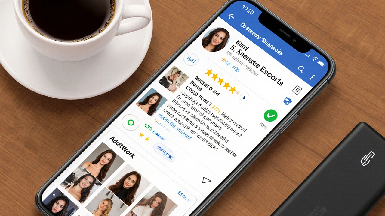 Smartphone showing a verified escort profile with photos, reviews, and ID badge on a trusted platform.