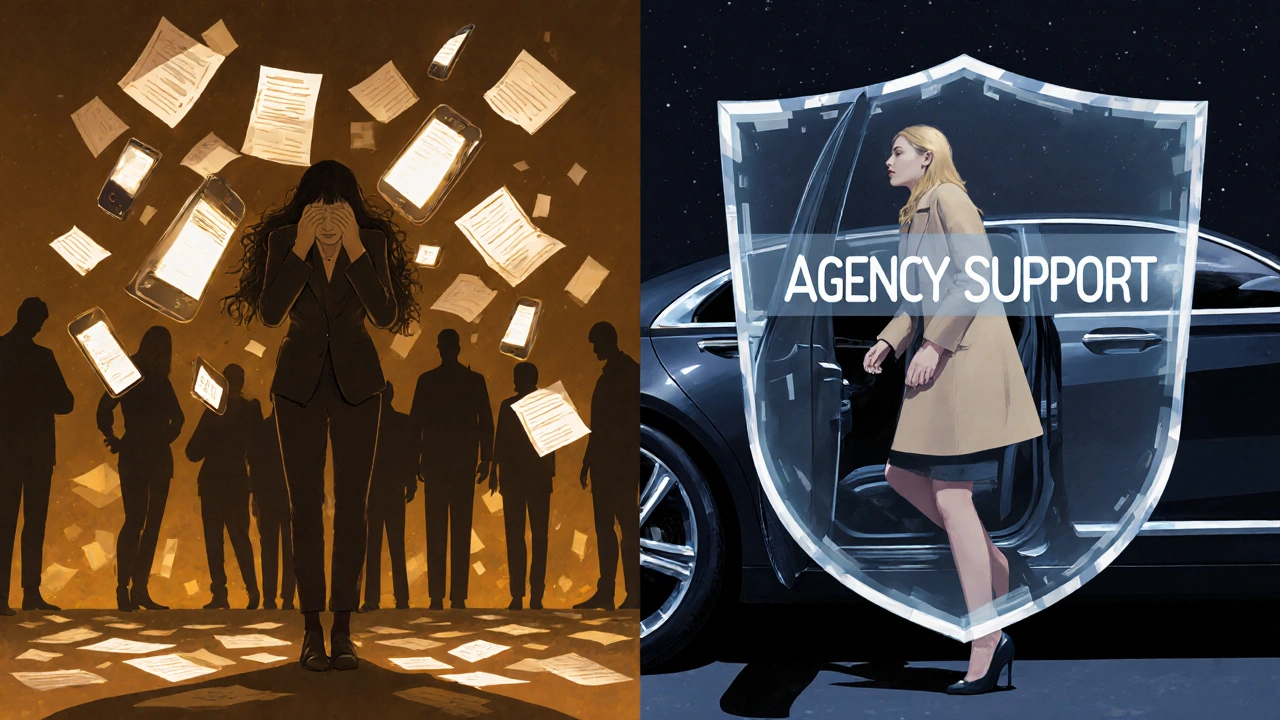 Split image showing chaos versus calm: one side overwhelmed, the other protected by agency support.