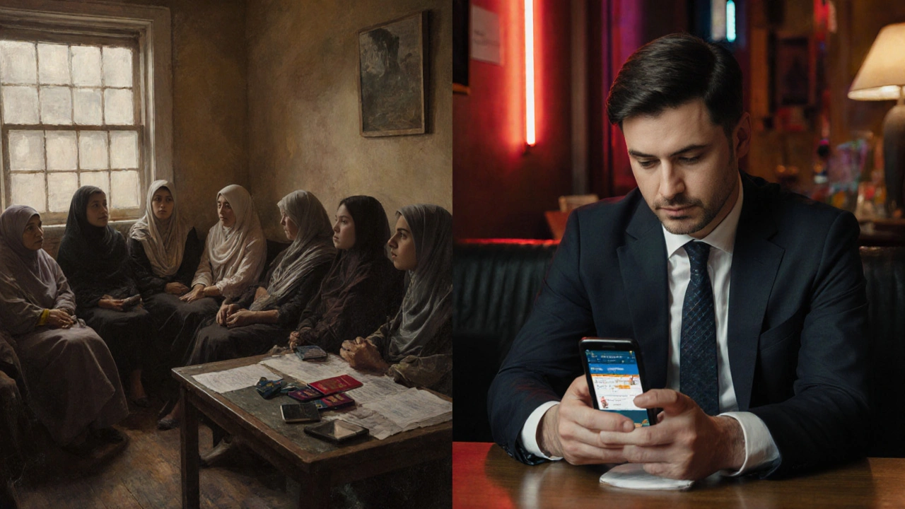 Split scene: trafficked women in a dark flat vs. a man browsing escort ads in a bright café.
