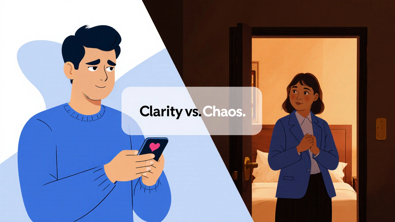 Split-screen contrast: one side shows exhaustion from dating apps, the other shows calm connection with a companion in a hotel room.