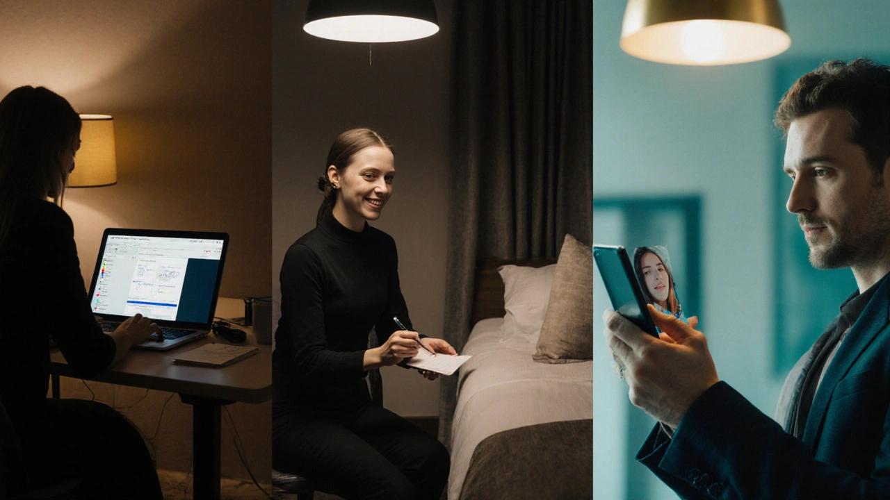 Three diverse individuals working independently in modern London settings, using apps and verifying clients.