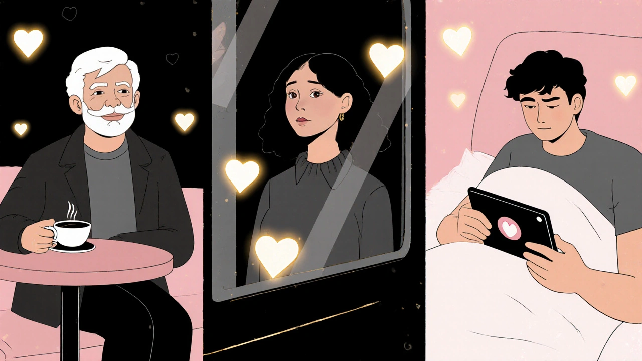 Three individuals in London, each alone but surrounded by subtle glowing hearts, representing emotional longing.