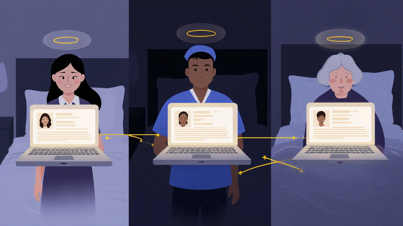 Three individuals in their homes, each illuminated by a glowing laptop screen displaying an escort profile.