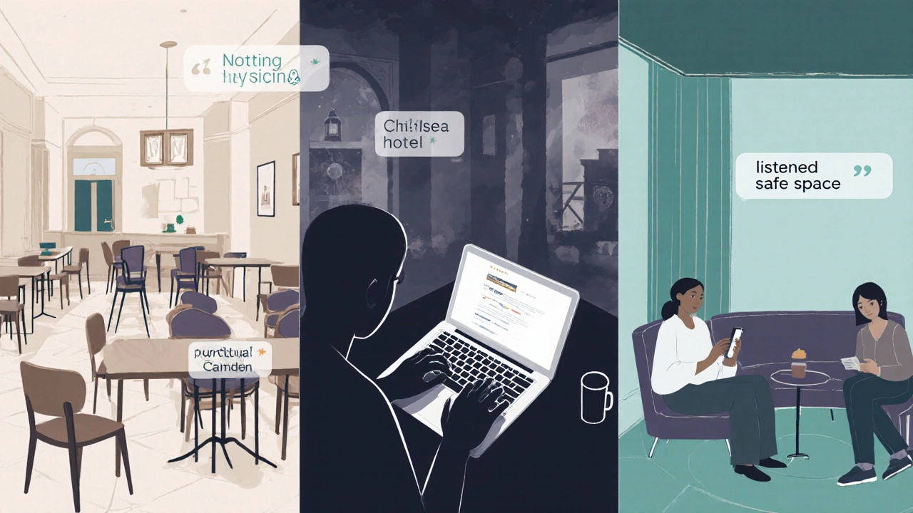 Three London locations with subtle figures typing reviews, no faces or branding.