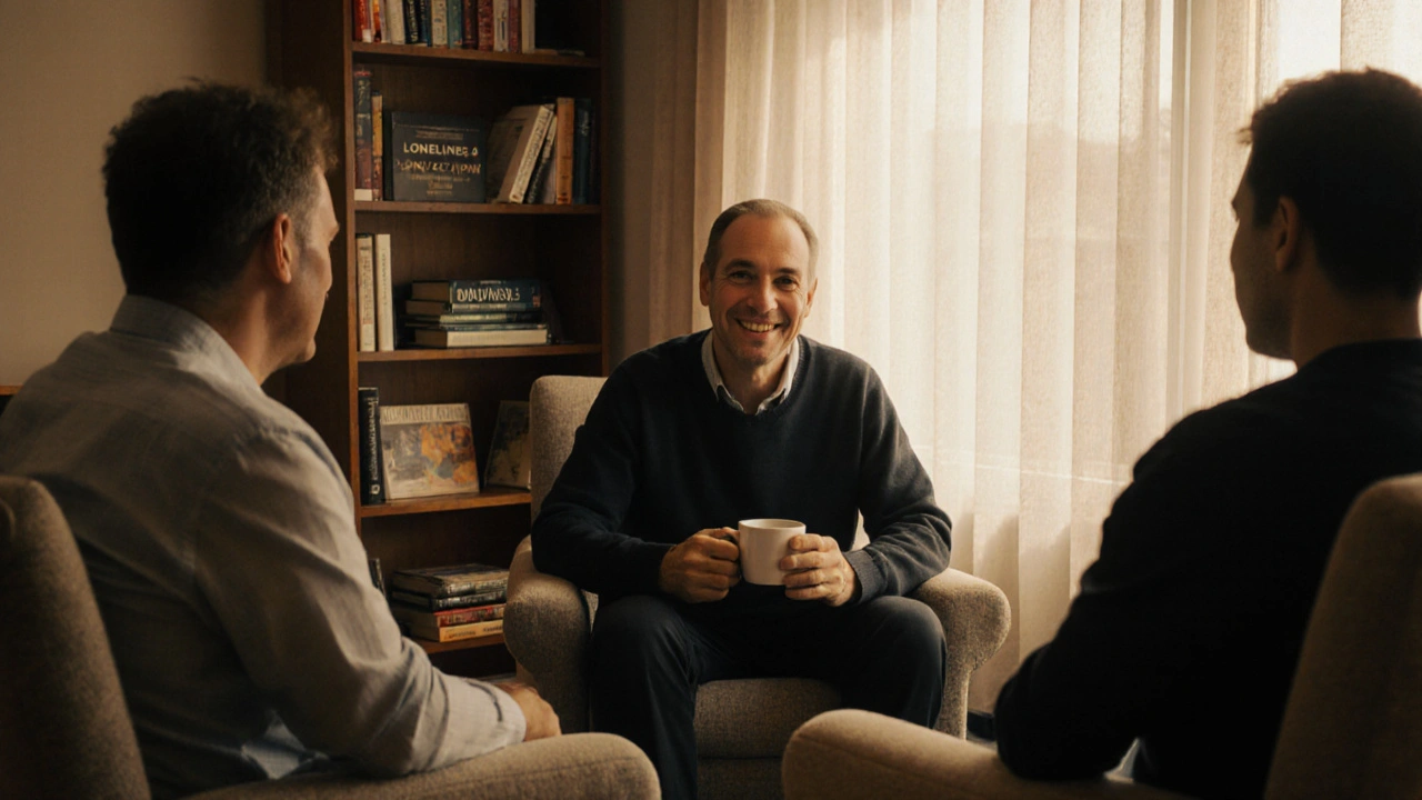Three men sit in a circle in a warm community center, sharing a quiet moment of connection and support.