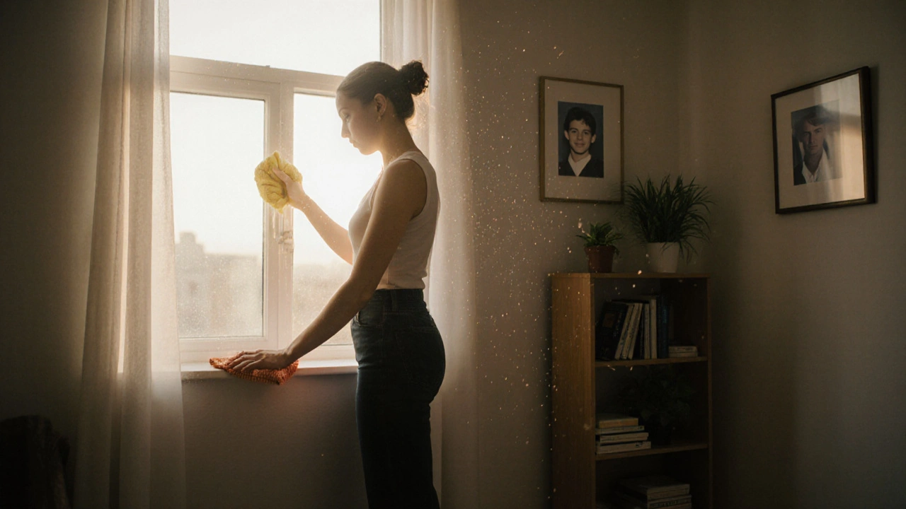 Trans woman cleaning her apartment at dawn, sunlight highlighting a peaceful, personal sanctuary.