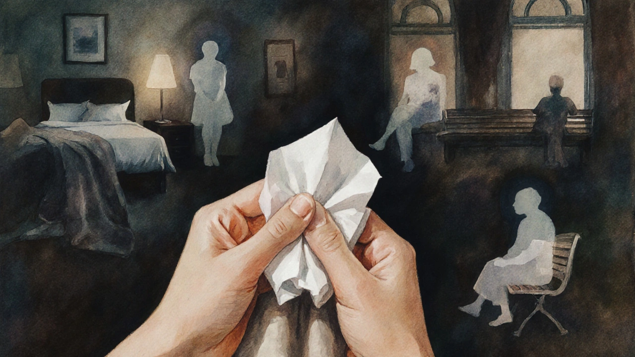 Two hands offering comfort — a tissue and a blanket — surrounded by faint silhouettes of people experiencing quiet connection.