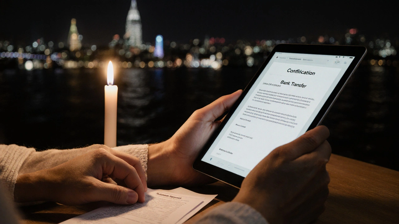 Two hands placing a payment receipt and confirmation email on a wooden table with a candle.