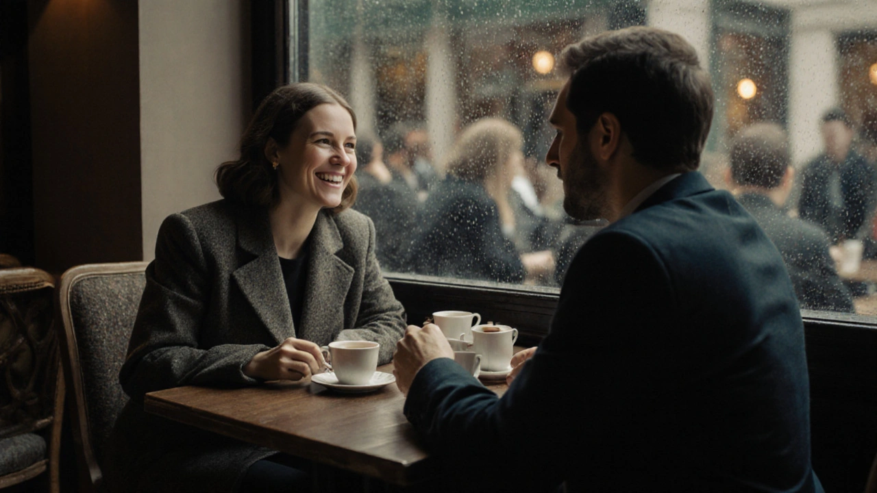 Two people enjoying a quiet, genuine moment over tea in a cozy café, surrounded by soft afternoon light.