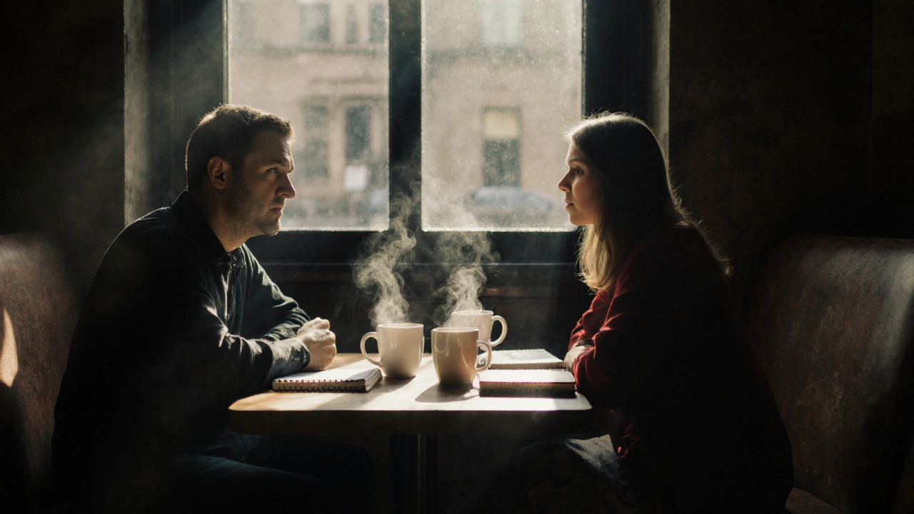 Two people having a calm, respectful coffee conversation in an Edinburgh shop.