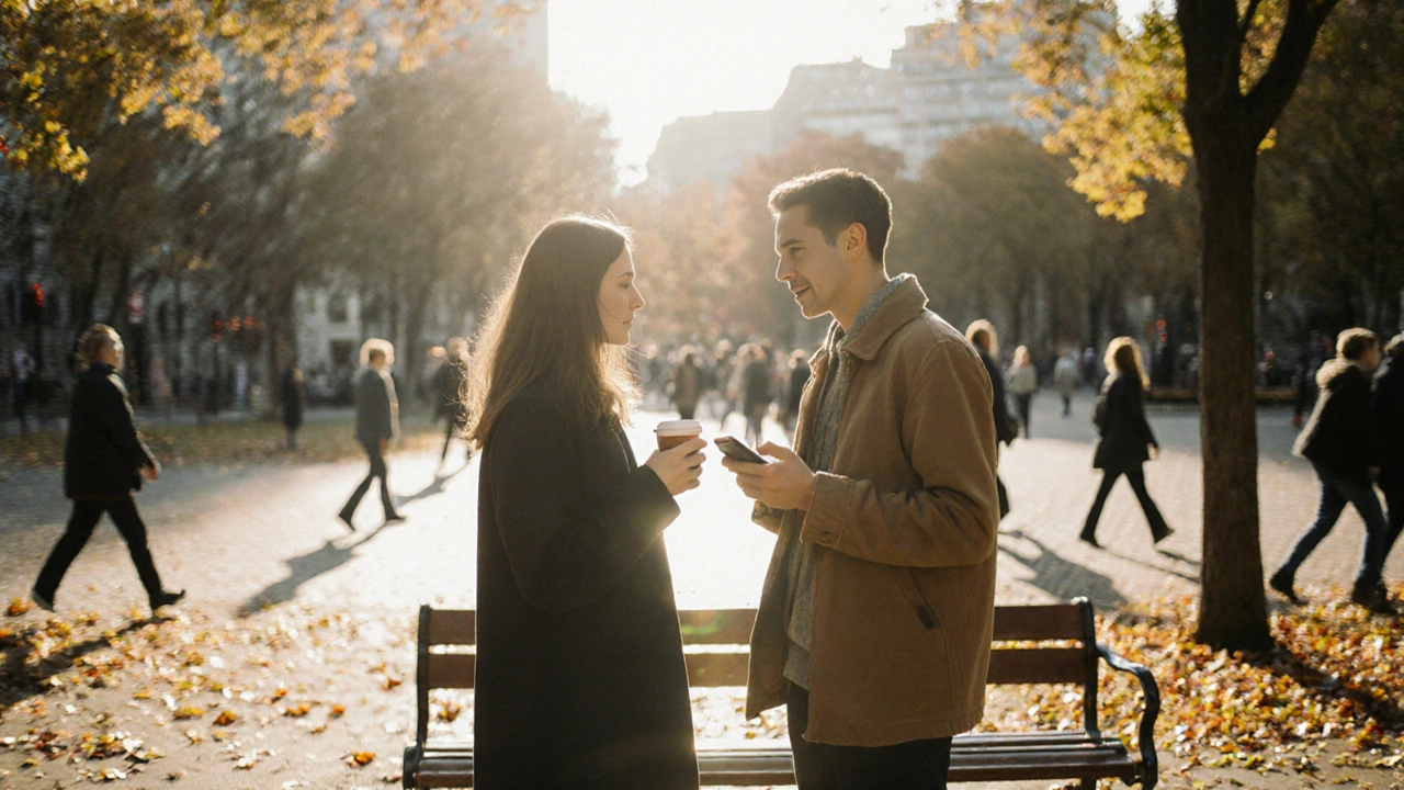 Two people meeting cautiously in a city park, holding coffee, body language tense yet curious.