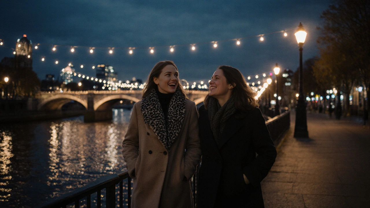 Two people walking peacefully along the Thames in Birmingham at night.