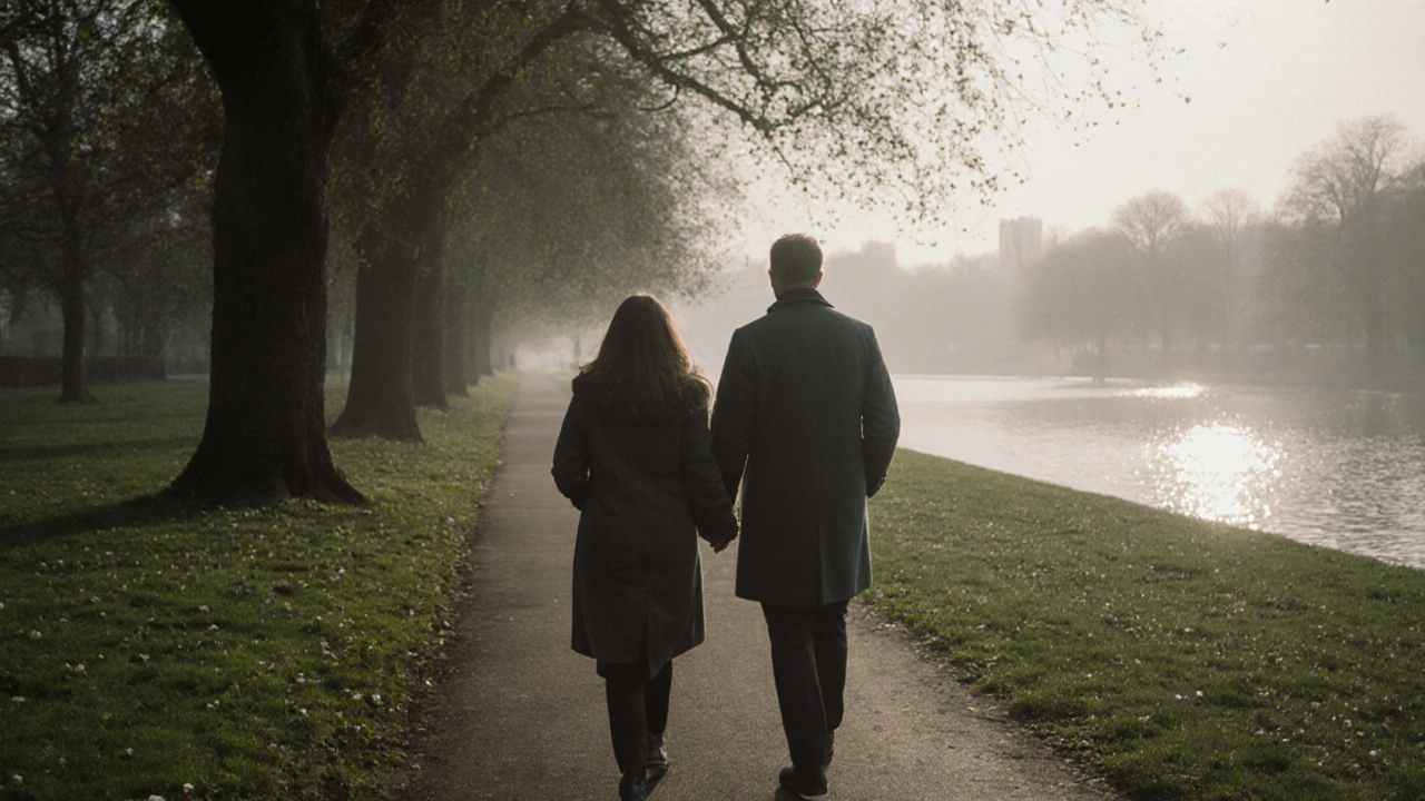 Two people walking peacefully through Kensington Gardens at sunrise.