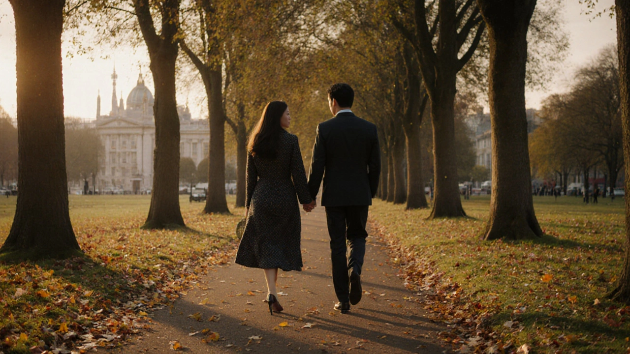 Two people walking peacefully through St. James’s Park in autumn, engaged in quiet conversation.