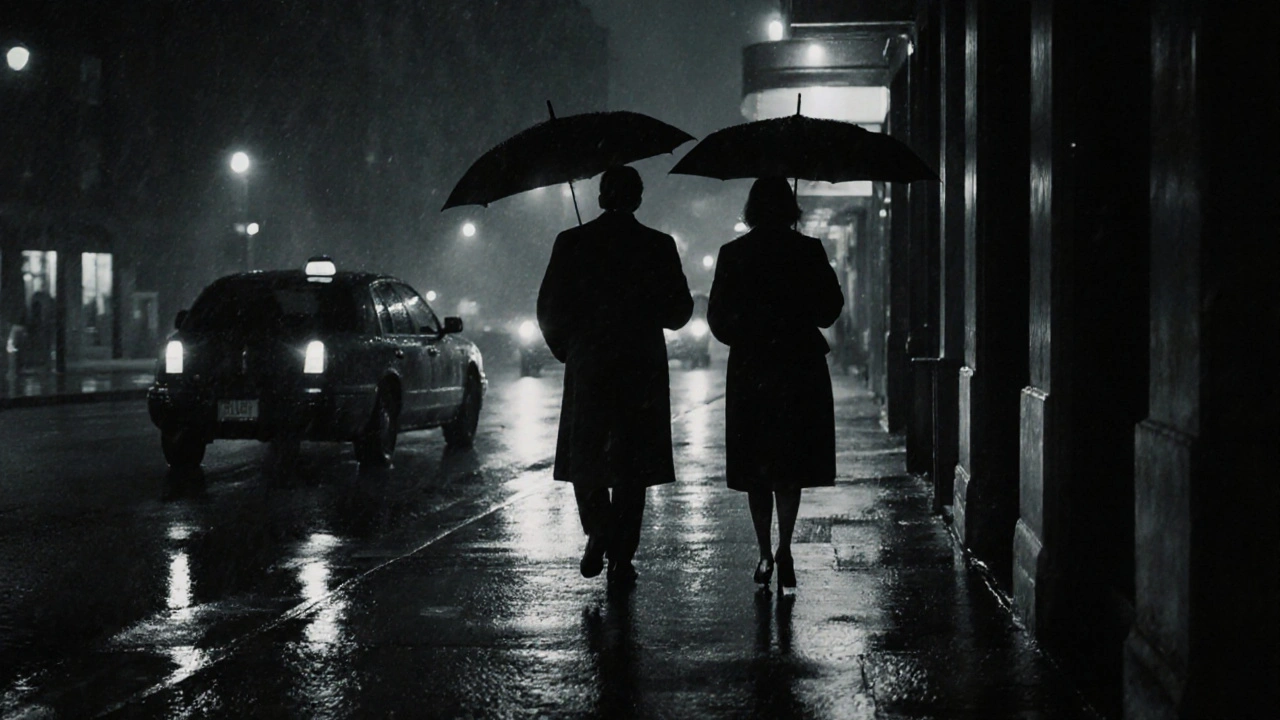 Two silhouettes part ways on a rainy city street at night, one heading to a taxi, the other returning to a hotel.