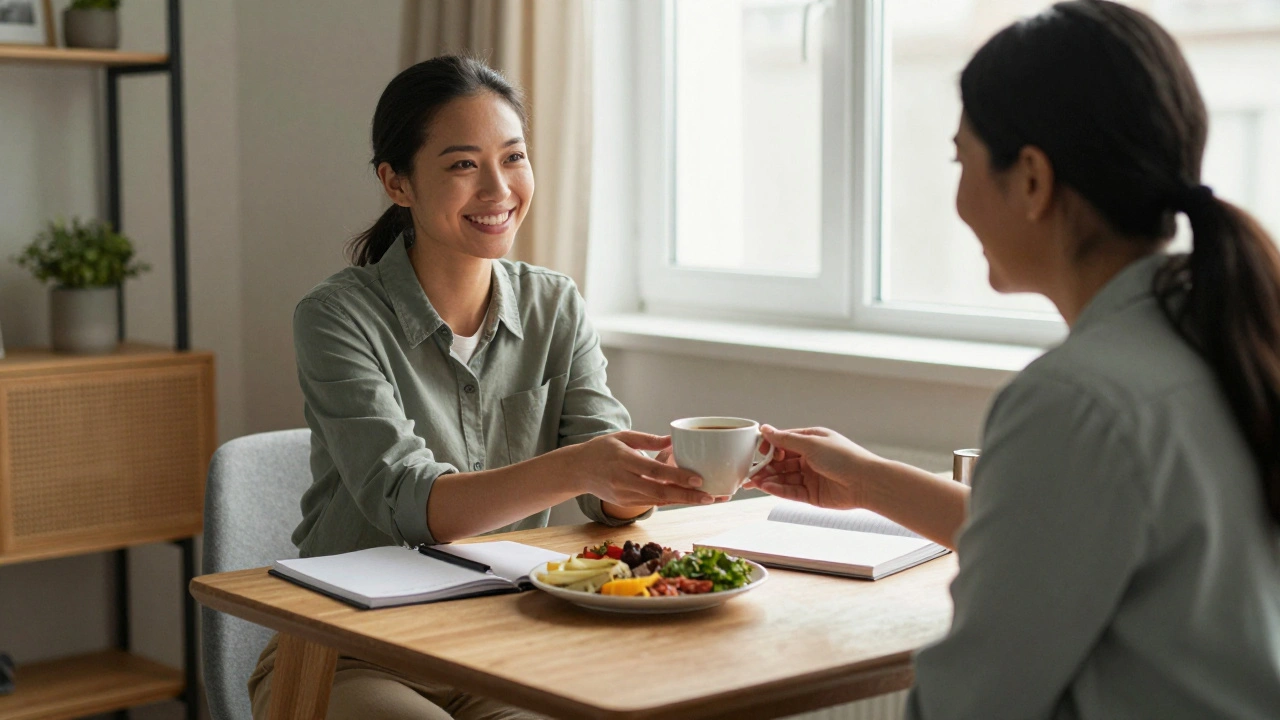 A companion handing coffee to a client at a small table, natural light and personal items creating a warm, conversational atmosphere.