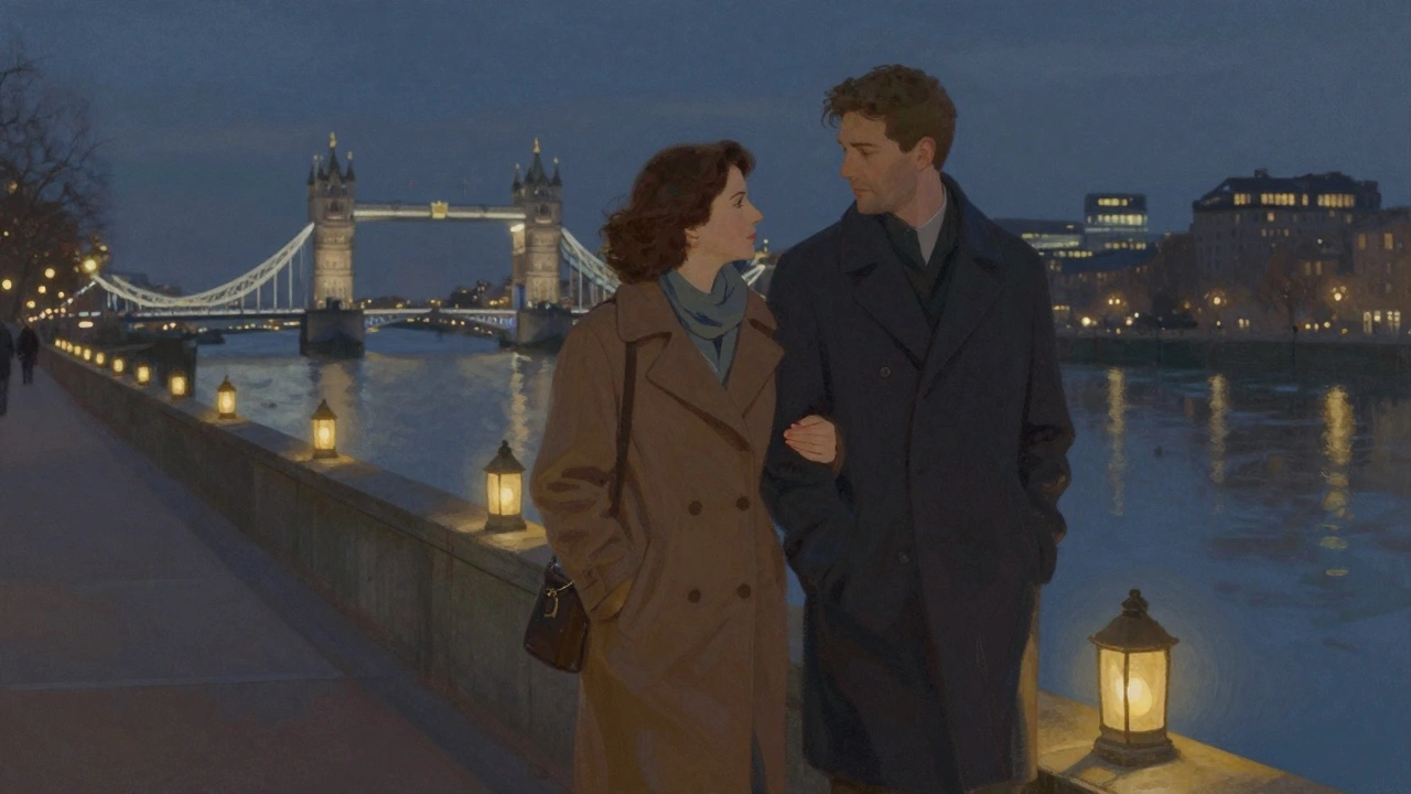 A couple walking peacefully along the Thames at night, enjoying each other&#039;s company under lantern light.
