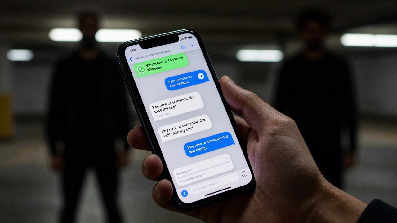 A hand holding a phone displaying urgent messages from scam escorts, with shadowy figures approaching in a dark car park.