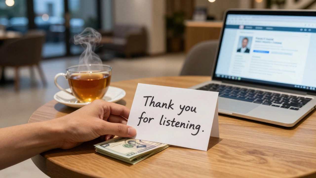 A hand placing cash on a table with a tea cup and a profile on a laptop, symbolizing respectful, discreet companionship.