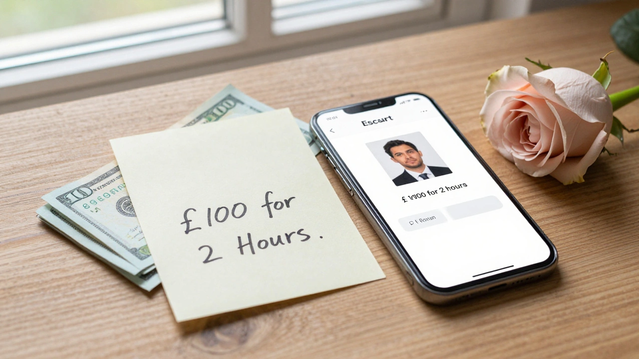 A handwritten note and cash on a table beside a phone showing a simple, honest escort profile.