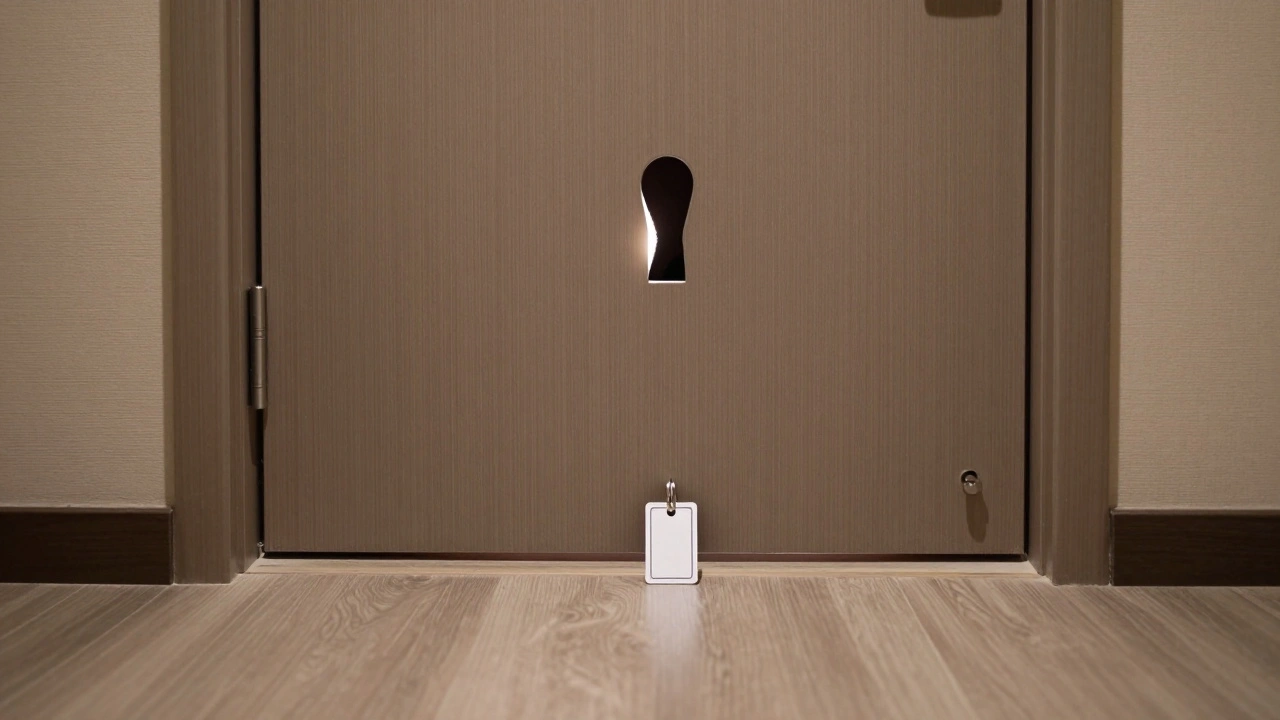 A hotel room door with a keycard on the floor outside, symbolizing privacy and boundaries.