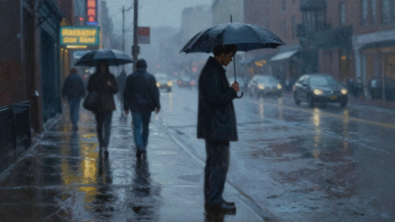 A lone figure stands alone on a rainy city street at dusk, back turned, with a faint neon sign glowing in the distance.