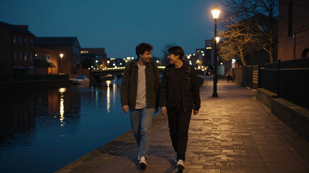 A man and non-binary companion walking peacefully along a canal at night, city lights reflecting on water.