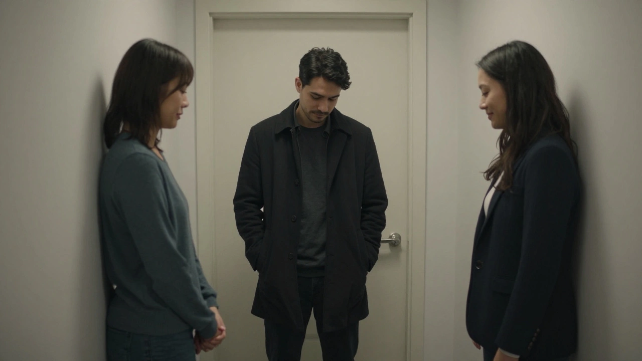 A man at a doorway after a session, looking at peace as a companion nods softly in quiet farewell.