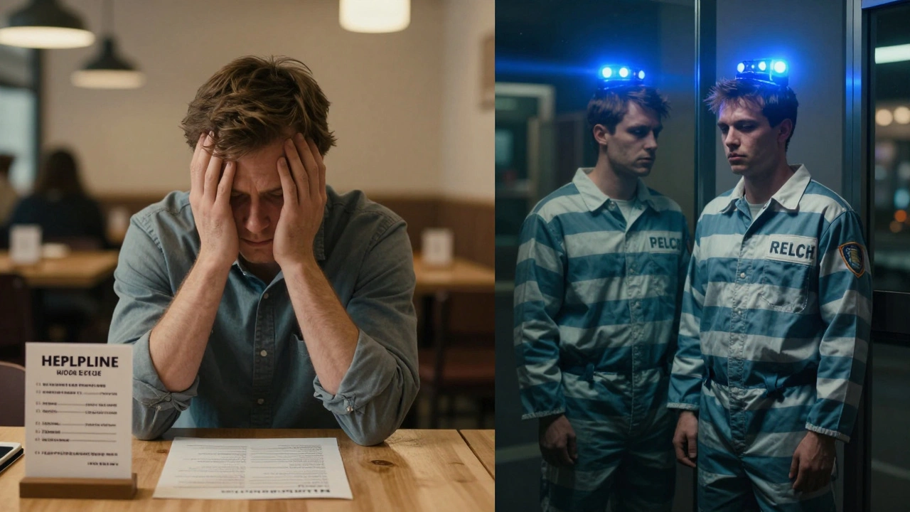 A man in a café looking at a helpline number, while his mirror reflection shows him in a prison jumpsuit with police lights.