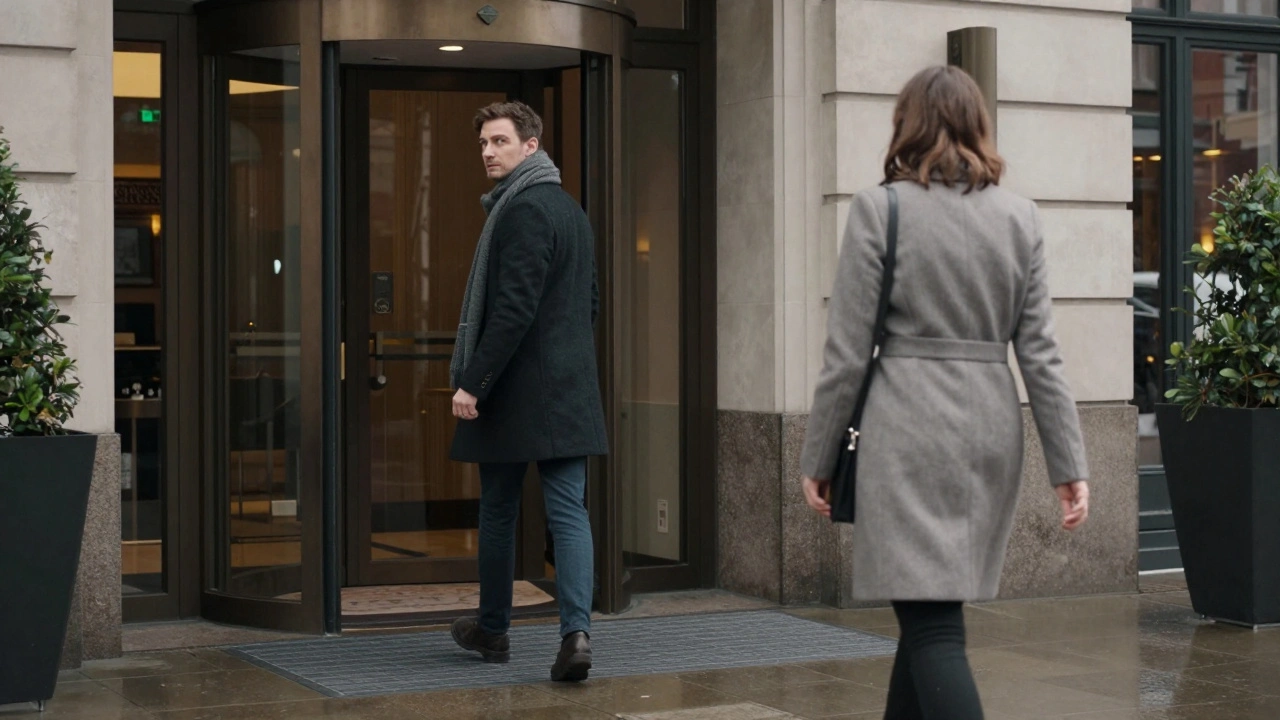 A man leaves a hotel as a woman walks away in opposite direction, both maintaining discreet separation.