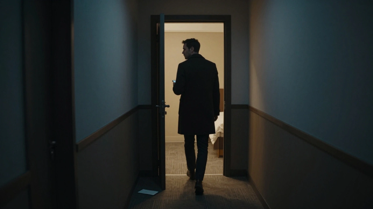 A man walks away from a hotel room door at night, showing respect and discretion in a quiet, dimly lit corridor.