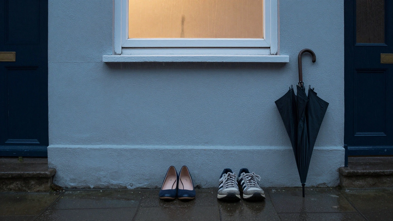 A pair of everyday shoes on a rainy London pavement, umbrella nearby, window glow above.