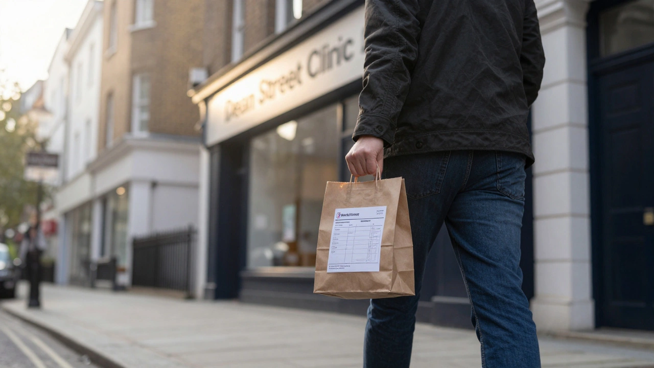 A person leaving Dean Street Clinic with test results, walking calmly in morning light, symbolizing responsible self-care.