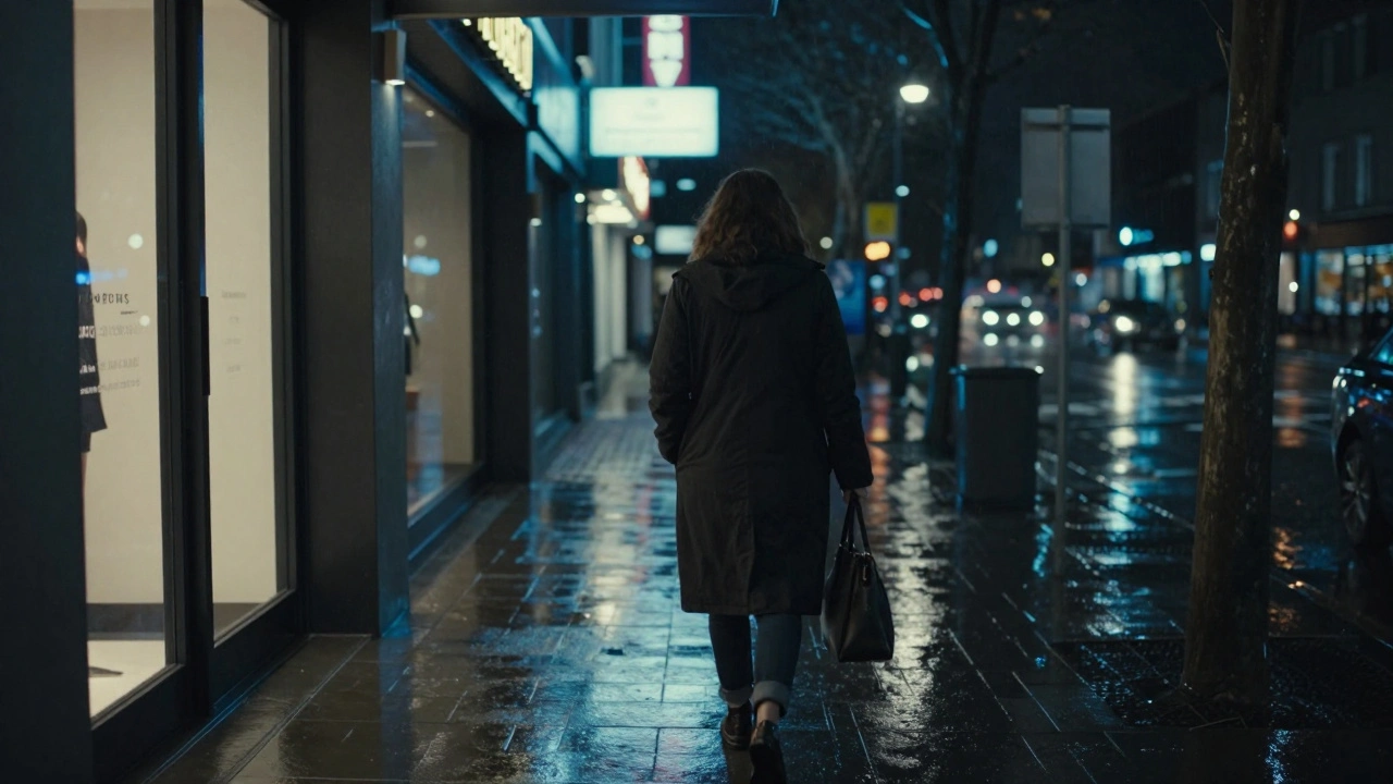 A person walking away from a hotel at night in rainy London, bathed in neon reflections.