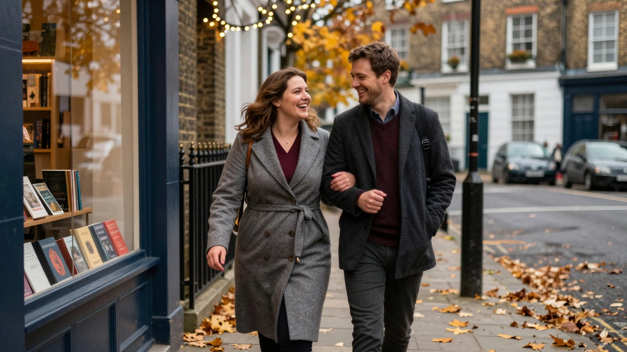 A plus-sized woman and man walking together in autumnal Notting Hill, laughing as they pass a bookshop.