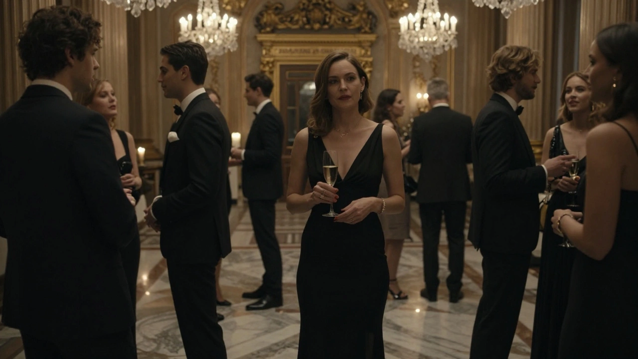 A poised woman in an evening gown blends seamlessly into a high-society gala in Vienna.