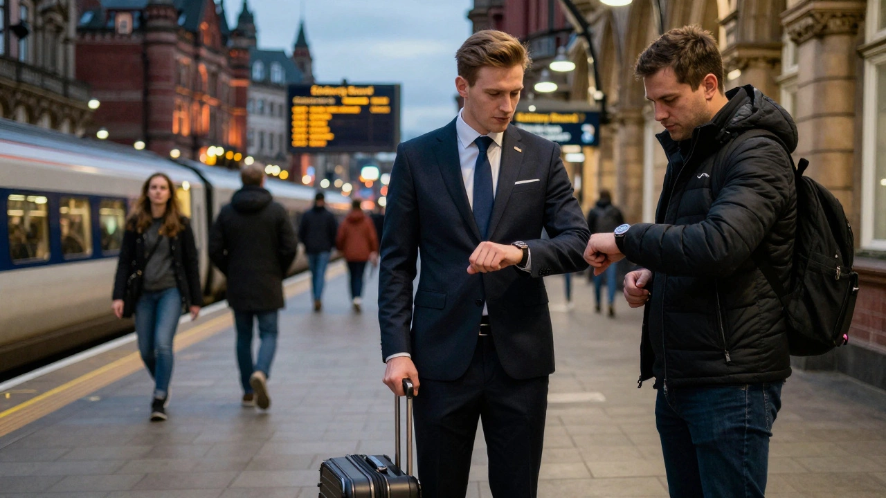 A professional companion and client waiting at a Manchester train station, ready for travel.