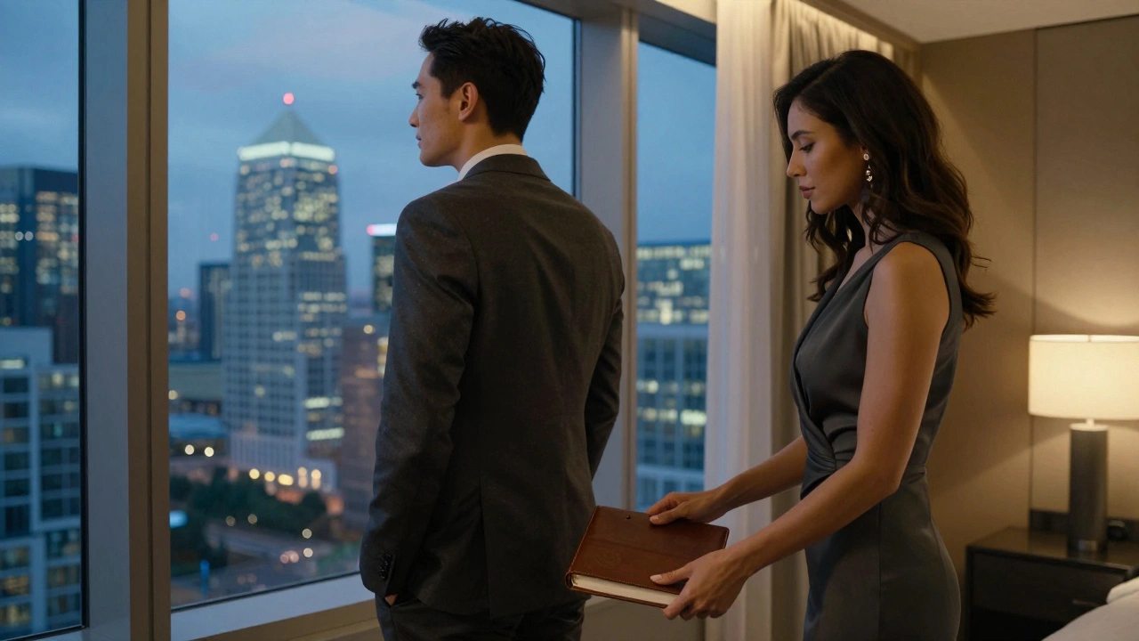 A professional couple in a luxurious Canary Wharf hotel suite, sharing a moment of quiet trust.