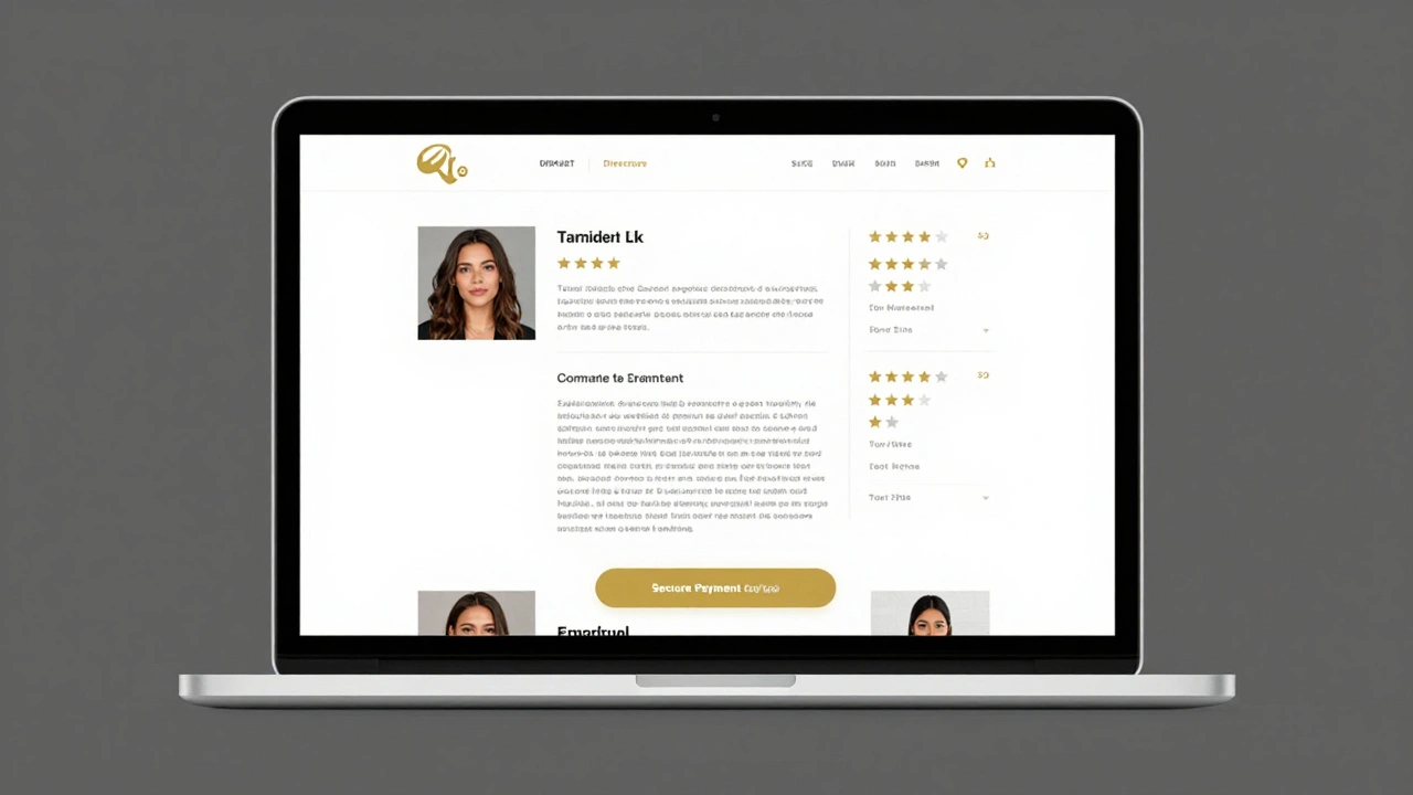 A secure escort directory website with verified profiles and payment confirmation on a laptop screen.