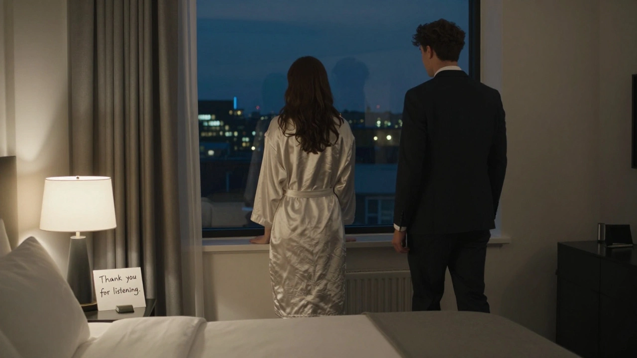 A serene hotel room at night with a handwritten note, conveying emotional connection and closure.