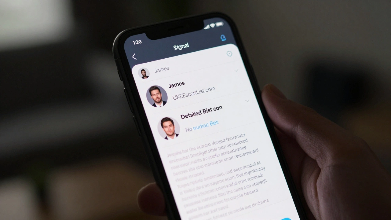 A smartphone shows a secure messaging app with a verified escort profile and professional photo.