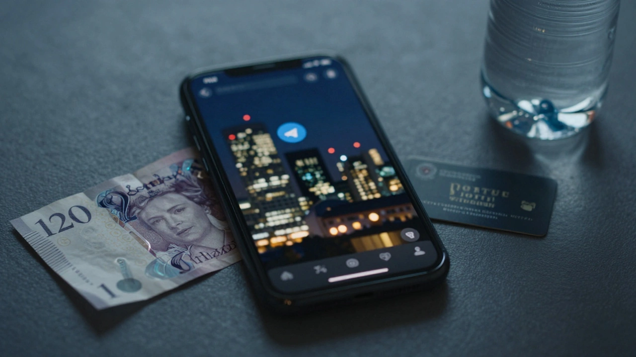 A smartphone with a secure messaging app beside cash, a hotel keycard, and water—no faces or text.