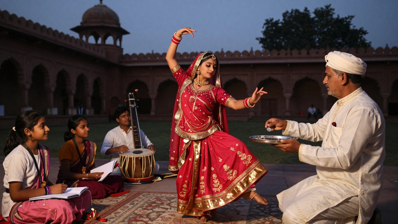 A tawaif dancing in a Delhi haveli as students observe and learn.