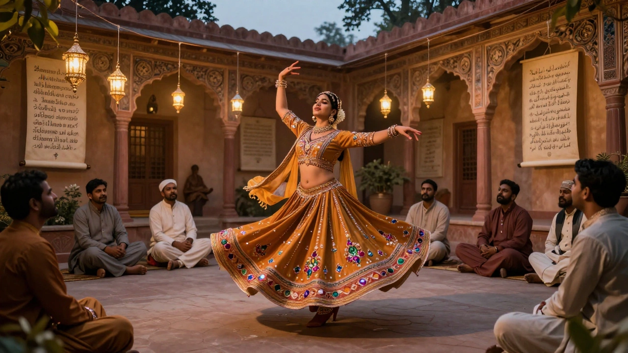 A tawaif performing Kathak dance in an ornate Indian courtyard at dusk, surrounded by attentive patrons.