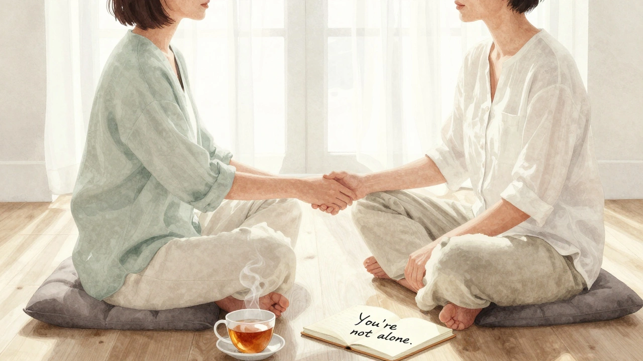 A therapeutic companion and client sitting in silence in a sunlit loft, holding hands peacefully.