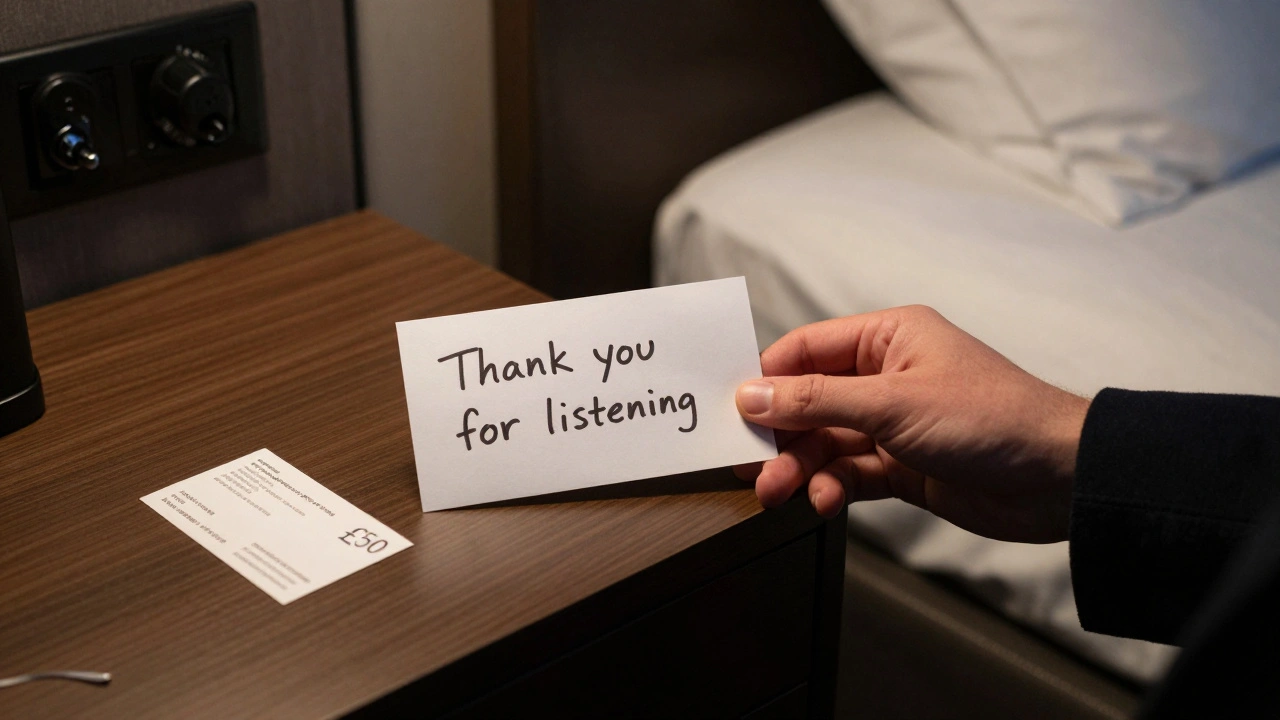 A tip and handwritten note on a hotel nightstand, symbolizing respectful connection.