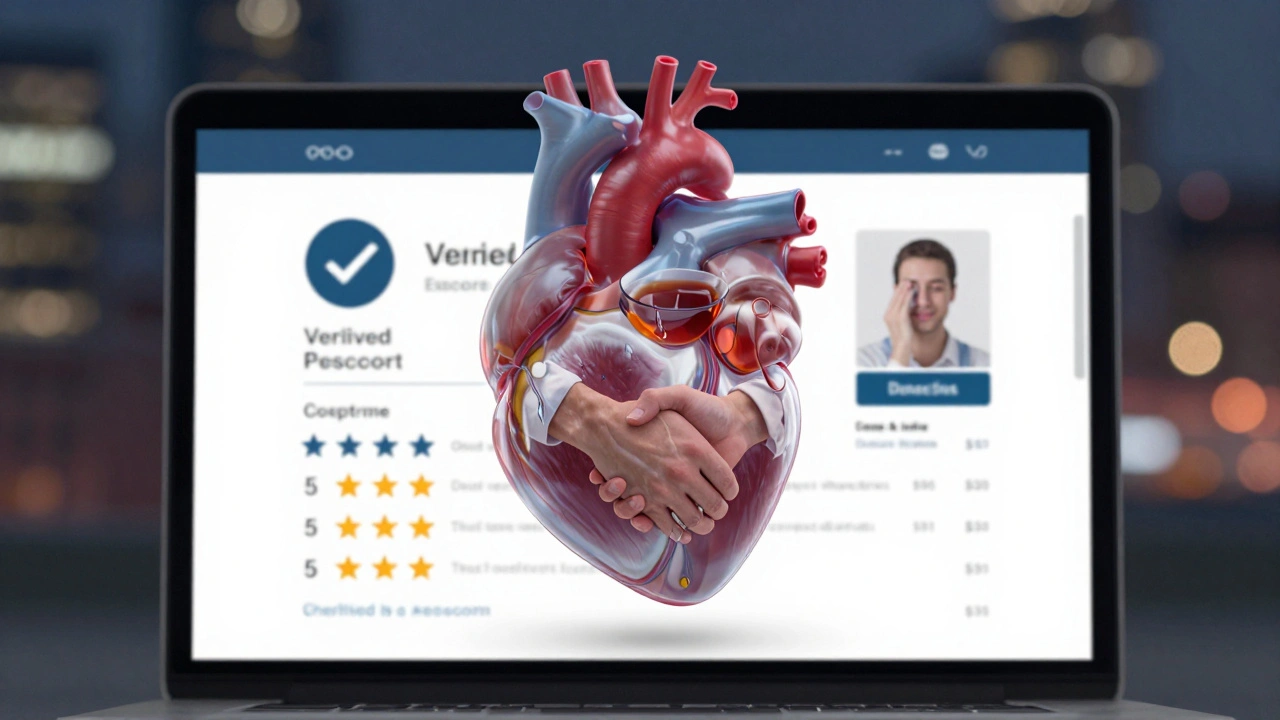 A transparent heart contains symbols of human connection, hovering above a verified escort profile with safety indicators and reviews.