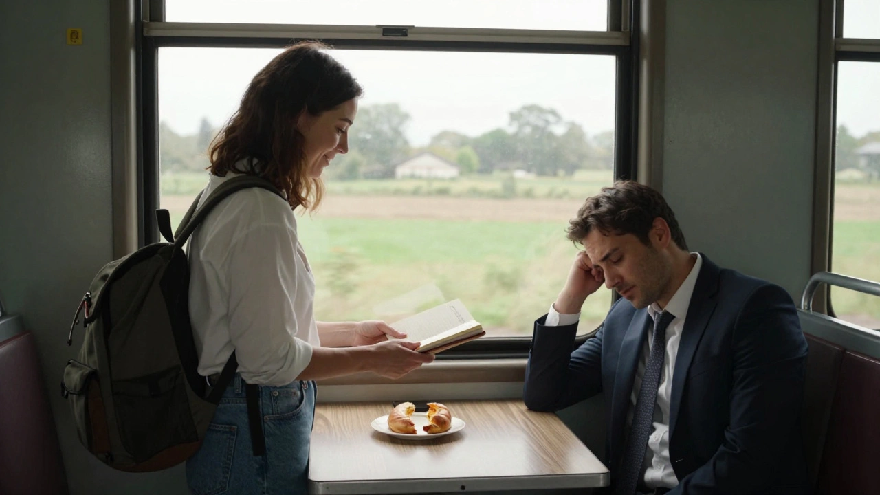 A travel companion hands a notebook to a weary traveler at a sunlit European train station.